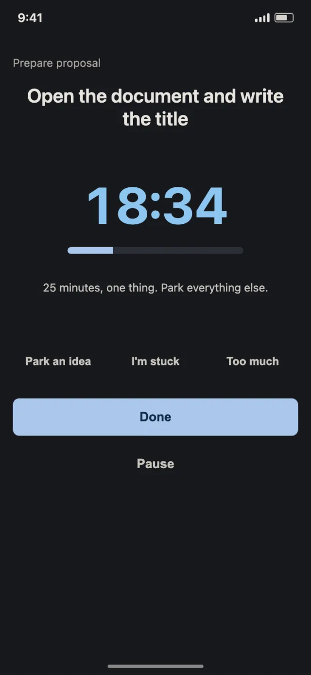 Focus block in dark theme: 18:34 timer over the step Open the document and write the title, with Park an idea, I'm stuck, Too much and Done buttons.