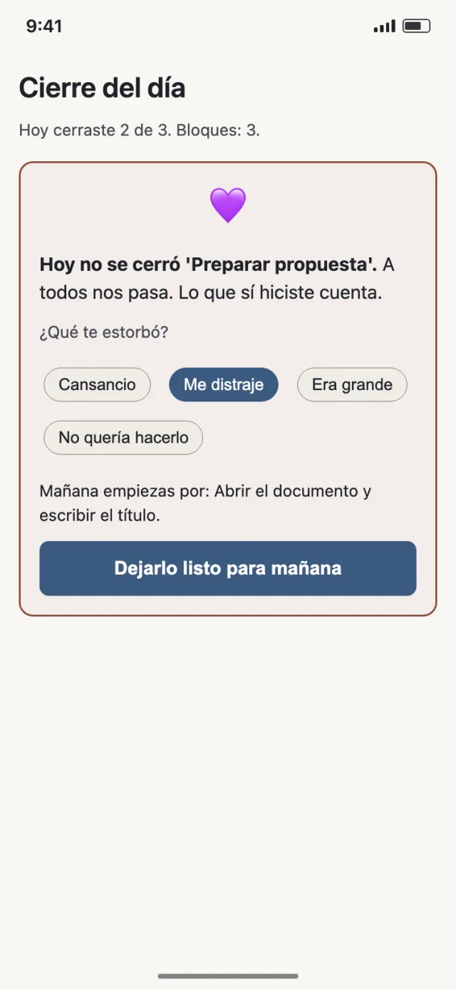 Cierre del día en tema claro con la tarjeta de autoperdón y el primer paso de mañana.