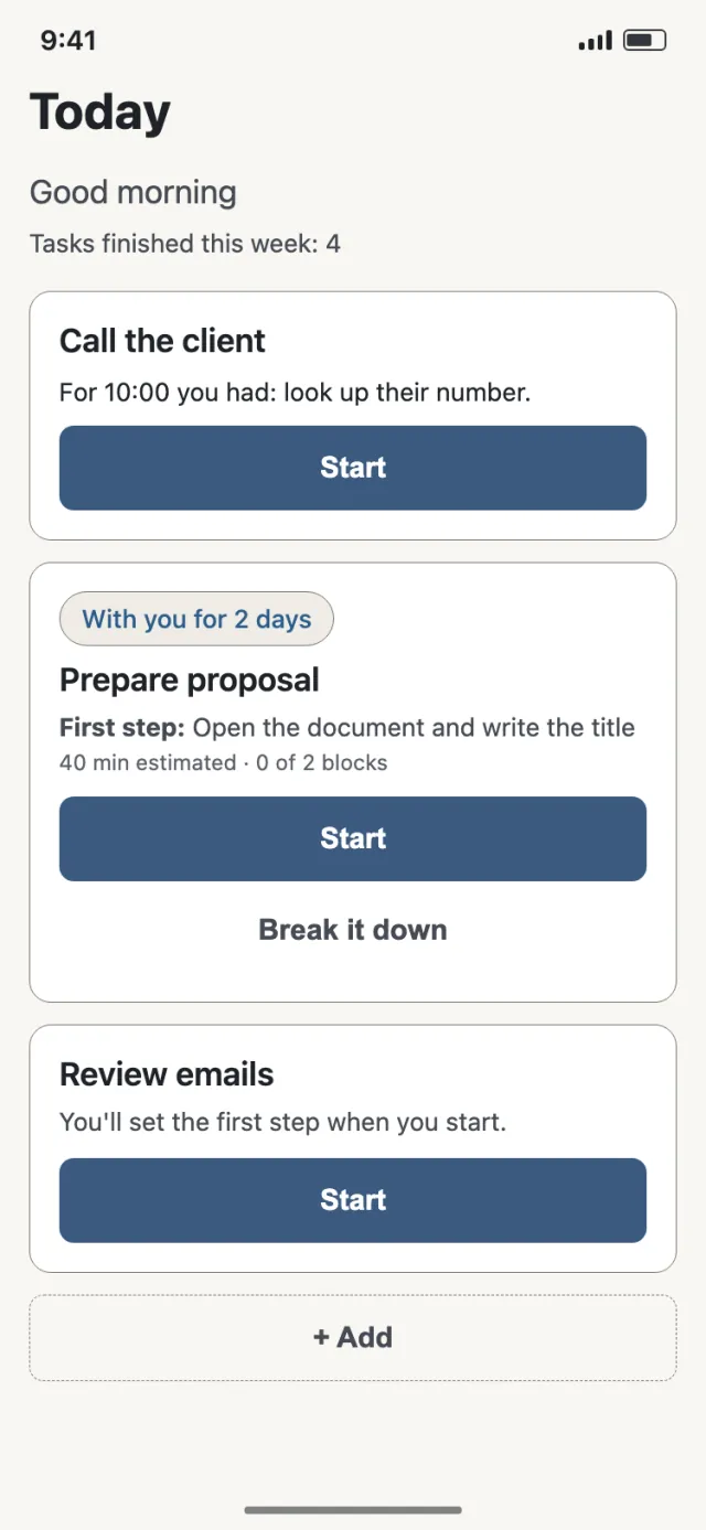 Today screen in light theme: greeting, tasks finished this week and three tasks with a Start button.