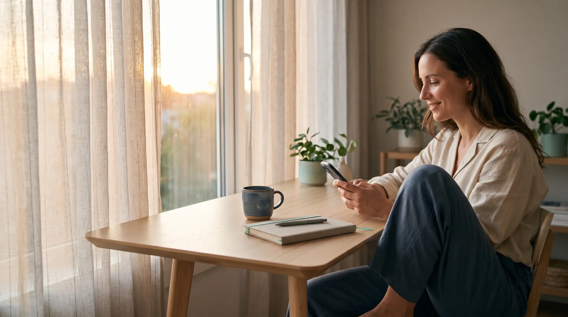 A calm adult at their desk at sunset, looking at their phone.