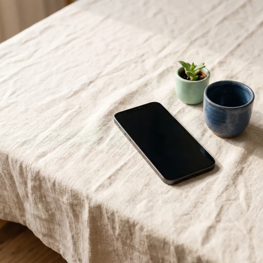 A phone on a linen tablecloth in soft light.